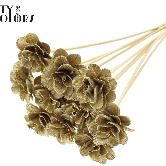 Beetal Rose op stok | Kleur: Goudkleurig | Diameter roos 6 centimeter | Lengte bijsteker ± 50 centimeter | Per 10 bijstekers