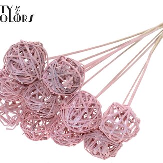 QC Boule en rotin sur tige | Couleur : Rose clair givré | Bruce Ball Piquet | Diamètre 5 centimètres | Longueur ± 50 centimètres | Par 10 piquets