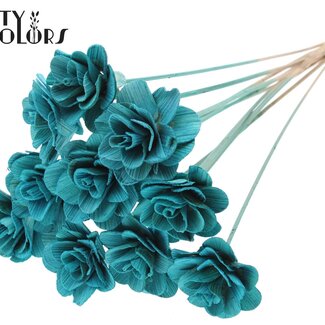 QC Shola Houten Roos sur tige | Couleur : Turquoise | Shola Beetal Rose Pique-fleur | Diamètre de la rose 8 centimètres | Longueur du pique-fleur ± 50 centimètres | Par 10 piques-fleurs