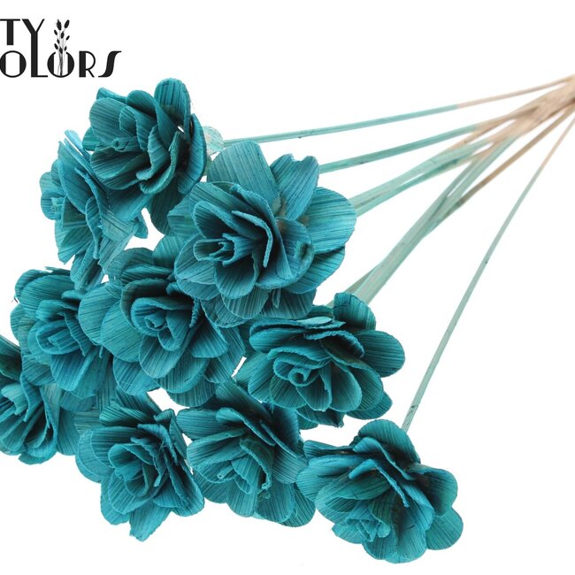 Shola Houten Rose sur tige | Couleur : Turquoise | Shola Beetal Rose Pique-fleur | Diamètre de la rose 8 centimètres | Longueur du pique-fleur ± 50 centimètres | Par 10 piques-fleurs