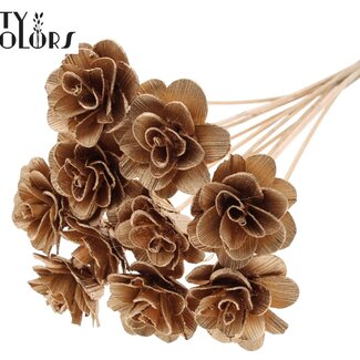 QC Shola Houten Rose sur tige | Couleur : Doré Antique | Shola Beetal Rose Piquet | Diamètre de la rose 8 centimètres | Longueur du piquet ± 50 centimètres | Par 10 piquets