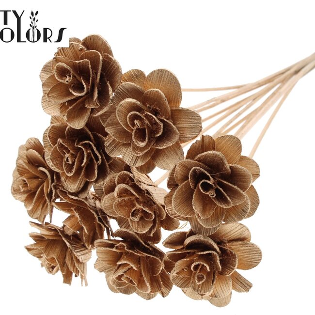 Shola Houten Roos op stok | Kleur: Antiek Goudkleurig | Shola Beetal Rose Bijsteker | Diameter roos 8 centimeter | Lengte bijsteker ± 50 centimeter | Per 10 bijstekers