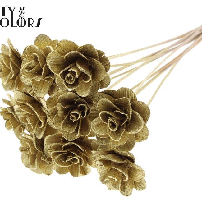 Shola Houten Rose auf Stiel | Farbe: Goldfarben | Shola Beetal Rose Steckstab | Durchmesser Rose 8 Zentimeter | Länge Steckstab ± 50 Zentimeter | Pro 10 Steckstäbe