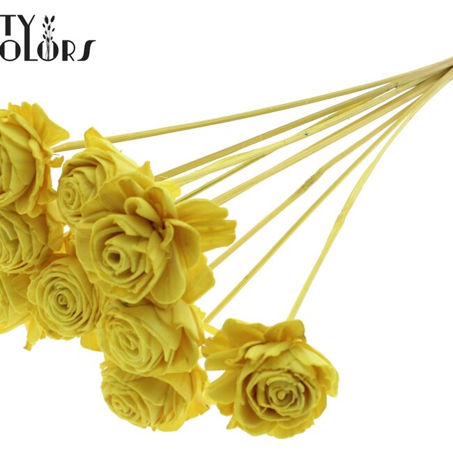 Shola Holz Rose auf Stiel | Farbe: Gelb | Shola Beauty Rose Steckstab | Durchmesser der Rose 6 Zentimeter | Länge des Steckstabs ± 50 Zentimeter | Pro 10 Steckstäbe