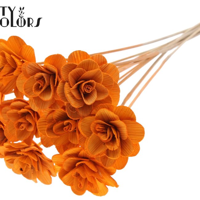 Shola Houten Roos op stok | Kleur: Oranje | Shola Beetal Rose Bijsteker | Diameter roos 8 centimeter | Lengte bijsteker ± 50 centimeter | Per 10 bijstekers