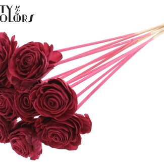 QC Shola Holz Rose auf Stiel | Farbe: Bordeauxrot | Shola Beauty Rose Steckstab | Durchmesser der Rose 6 Zentimeter | Länge des Steckstabs ± 50 Zentimeter | Pro 10 Steckstäbe