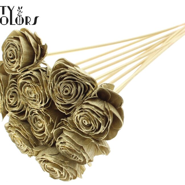 Shola Holz Rose auf Stiel | Farbe: Goldfarben | Shola Beauty Rose Einstecker | Durchmesser der Rose 6 Zentimeter | Länge des Einsteckers ± 50 Zentimeter | Pro 10 Einstecker