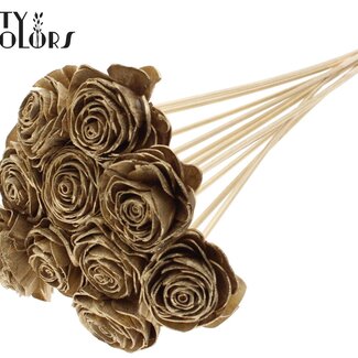 QC Shola Houten Rose sur tige | Couleur : Doré antique | Shola Beauty Rose Piquet | Diamètre de la rose 6 centimètres | Longueur du piquet ± 50 centimètres | Par 10 piquets