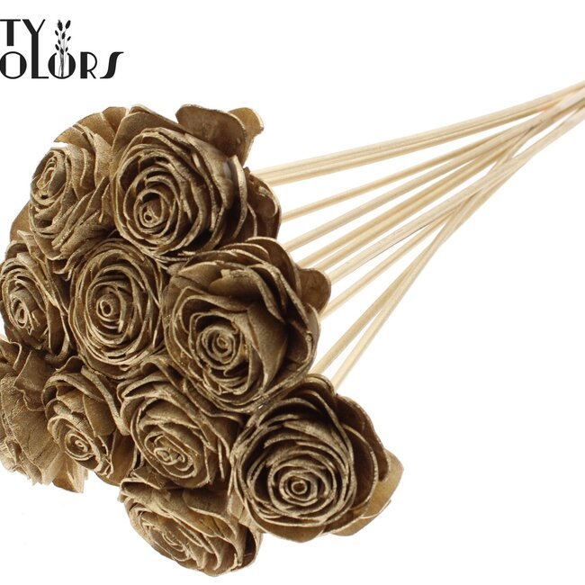 Shola Houten Rose auf Stiel | Farbe: Antik Goldfarben | Shola Beauty Rose Einstecker | Durchmesser Rose 6 Zentimeter | Länge Einstecker ± 50 Zentimeter | Pro 10 Einstecker