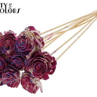 QC Shola Houten Roos op stok | Kleur: Meerkleurig Kerskleurig Milkapaars | Shola Beauty Rose Bijsteker | Diameter roos 6 centimeter | Lengte bijsteker ± 50 centimeter | Per 10 bijstekers