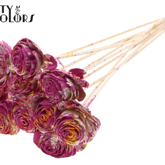 Shola Houten Roos op stok | Kleur: Meerkleurig Kerskleurig Geel | Shola Beauty Rose Bijsteker | Diameter roos 6 centimeter | Lengte bijsteker ± 50 centimeter | Per 10 bijstekers