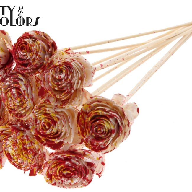 Shola Holz Rose auf Stiel | Farbe: Mehrfarbig Rot Gelb | Shola Beauty Rose Steckstab | Durchmesser der Rose 6 Zentimeter | Länge des Steckstabs ± 50 Zentimeter | Pro 10 Steckstäbe
