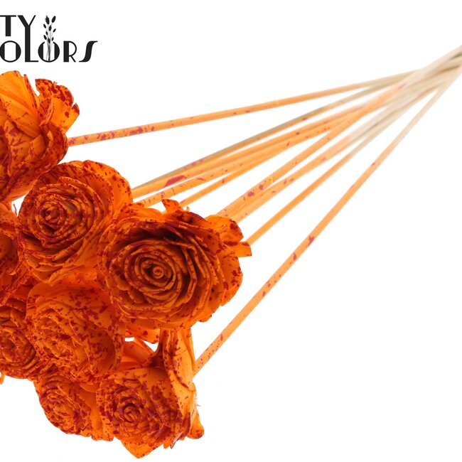 Shola Houten Rose sur tige | Couleur : Orange Rouge Moucheté | Shola Beauty Rose Pique-fleur | Diamètre de la rose 6 centimètres | Longueur du pique-fleur ± 50 centimètres | Par 10 piques-fleurs