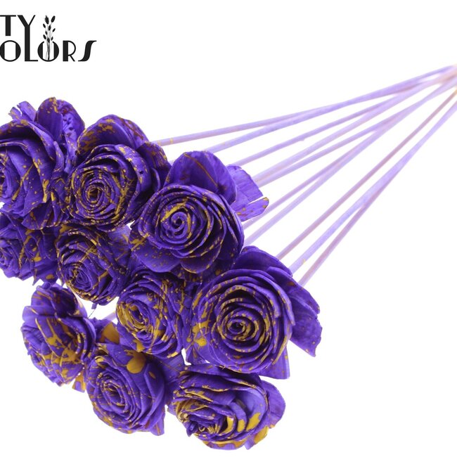Shola Holz Rose auf Stiel | Farbe: Gesprenkeltes Lila Gelb | Shola Beauty Rose Steckstab | Durchmesser Rose 6 Zentimeter | Länge Steckstab ± 50 Zentimeter | Pro 10 Steckstäbe