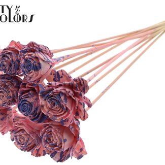 QC Shola Houten Rose sur tige | Couleur : Rose Moucheté Lait Mauve | Shola Beauty Rose Pique-fleur | Diamètre de la rose 6 centimètres | Longueur du pique-fleur ± 50 centimètres | Par 10 piques-fleurs