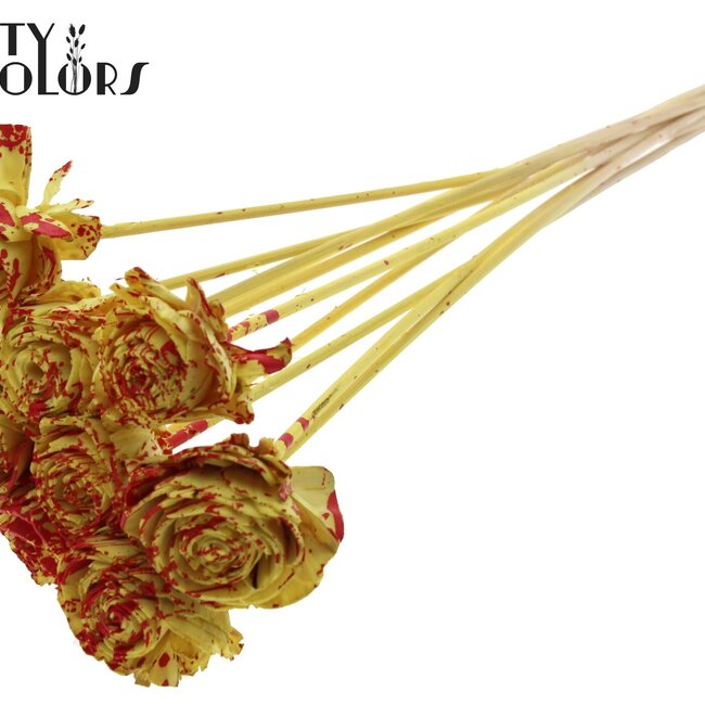 Shola Houten Roos op stok | Kleur: Gespetterd Geel Rood | Shola Beauty Rose Bijsteker | Diameter roos 6 centimeter | Lengte bijsteker ± 50 centimeter | Per 10 bijstekers