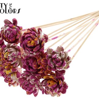 QC Shola Wooden Rose on Stem | Colour: Multicoloured Cherry Coloured Yellow | Shola New Beauty Rose Pick | Rose Diameter 6 centimetres | Pick Length ± 50 centimetres | Per 10 picks