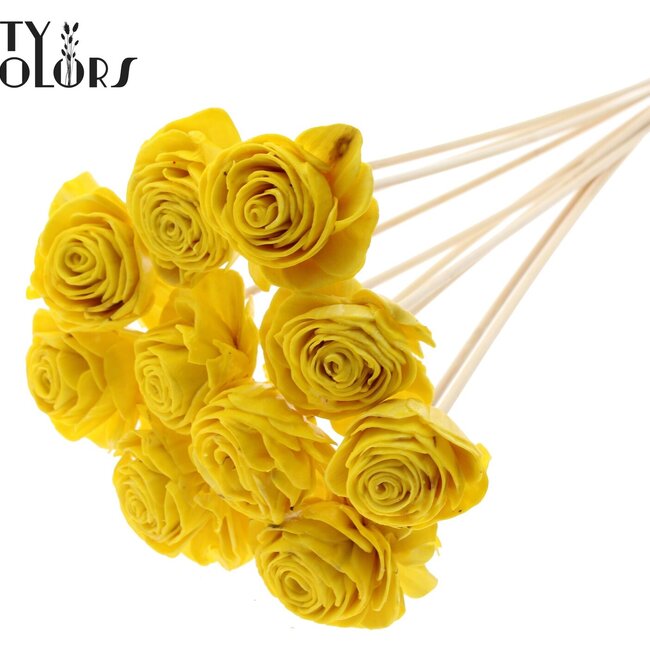 Shola Wood with Rose on Stick | Colour: Yellow | Shola Beauty Rose Stick | Rose diameter 6 centimetres | Stick length ± 50 centimetres | Per 10 sticks