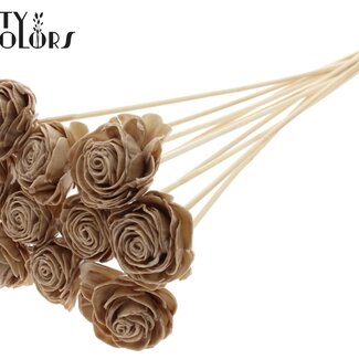 QC Shola Wood with Rose on Stick | Colour: Beige | Shola Beauty Rose Stick | Rose Diameter 6 centimetres | Stick Length ± 50 centimetres | Per 10 sticks