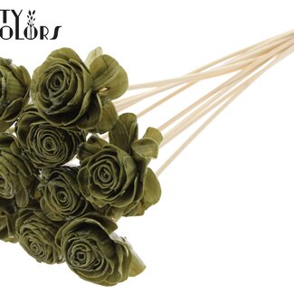 QC Shola Bois avec Rose sur tige | Couleur : Vert olive | Shola Beauty Rose Pique-fleur | Diamètre de la rose 6 centimètres | Longueur du pique-fleur ± 50 centimètres | Par 10 piques-fleurs