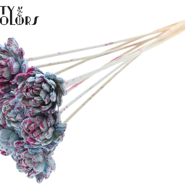 Shola Wooden Rose on Stick | Colour: Speckled Light Blue Cherry Colour | Shola New Beauty Rose Stick | Rose Diameter 6 centimetres | Stick Length ± 50 centimetres | Per 10 sticks