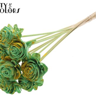 QC Shola Houten Roos op stok | Kleur: Gespetterd Mintgroen Geel | Shola Beauty Rose Bijsteker | Diameter roos 6 centimeter | Lengte bijsteker ± 50 centimeter | Per 10 bijstekers
