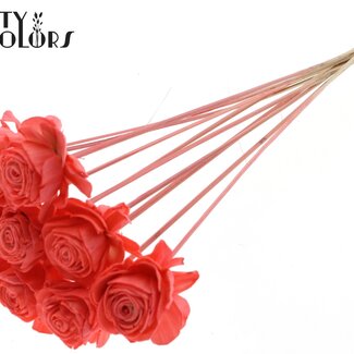QC Shola Houten Roos op stok | Kleur: Koraalrood | Shola Beauty Rose Bijsteker | Diameter roos 6 centimeter | Lengte bijsteker ± 50 centimeter | Per 10 bijstekers