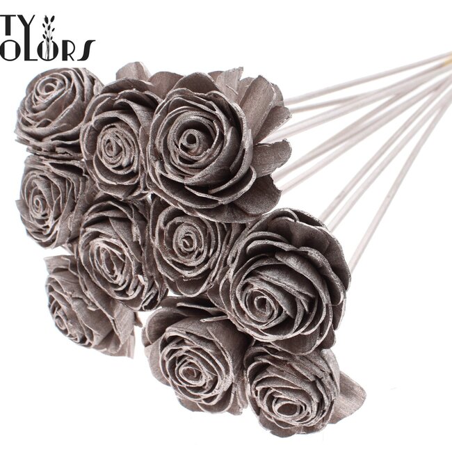 Shola Houten Roos op stok | Kleur: Champagnekleurig | Shola Beauty Rose Bijsteker | Diameter roos 6 centimeter | Lengte bijsteker ± 50 centimeter | Per 10 bijstekers
