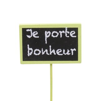 4A French text pick "Je Porte Bonheur" | Colour: Green | Width 5 centimetres | Height 3 centimetres | Pick length ± 15 centimetres | Per 25 picks