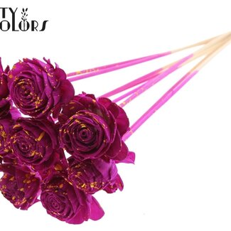QC Shola Houten Rose sur tige | Couleur : Moucheté Lilas Jaune | Shola Beauty Rose Piquet | Diamètre de la rose 6 centimètres | Longueur du piquet ± 50 centimètres | Par 10 piquets