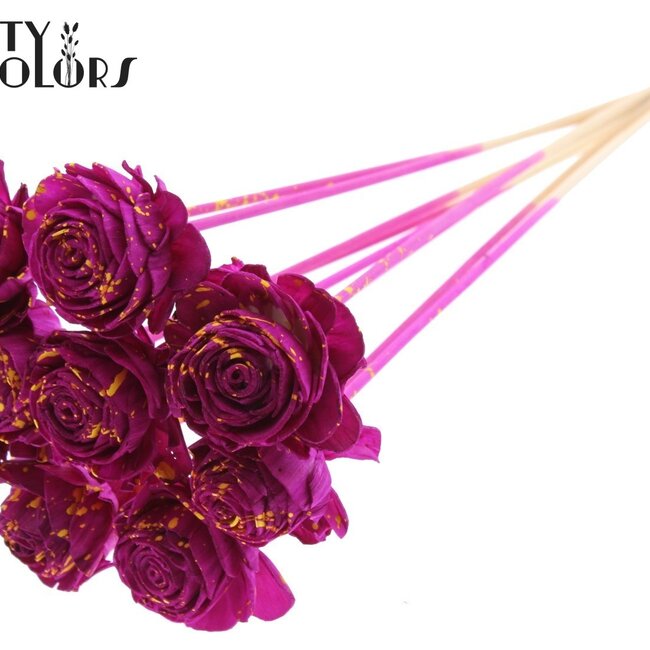 Shola Holz Rose auf Stiel | Farbe: Gesprenkeltes Fliederfarben Gelb | Shola Beauty Rose Steckstab | Durchmesser der Rose 6 Zentimeter | Länge des Steckstabs ± 50 Zentimeter | Pro 10 Steckstäbe