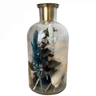 Dutch Dried Glazen kaarsenhouder met blauwe en witte droogbloemen | Hoogte 16 centimeter
