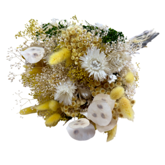 MyFlowers Bouquet de fleurs séchées Farfalla Bianco Giallo | Longueur ± 40 centimètres | Avec des fleurs séchées blanches et jaune clair