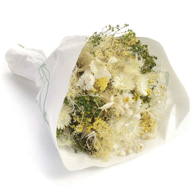 Trockenblumenstrauß Farfalla Bianco Giallo | Länge ± 40 Zentimeter | Mit weißen und hellgelben Trockenblumen