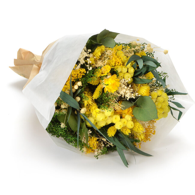 Bouquet de fleurs séchées Fantasy Giallo | Longueur ± 35 centimètres | Avec des fleurs séchées jaunes et vertes
