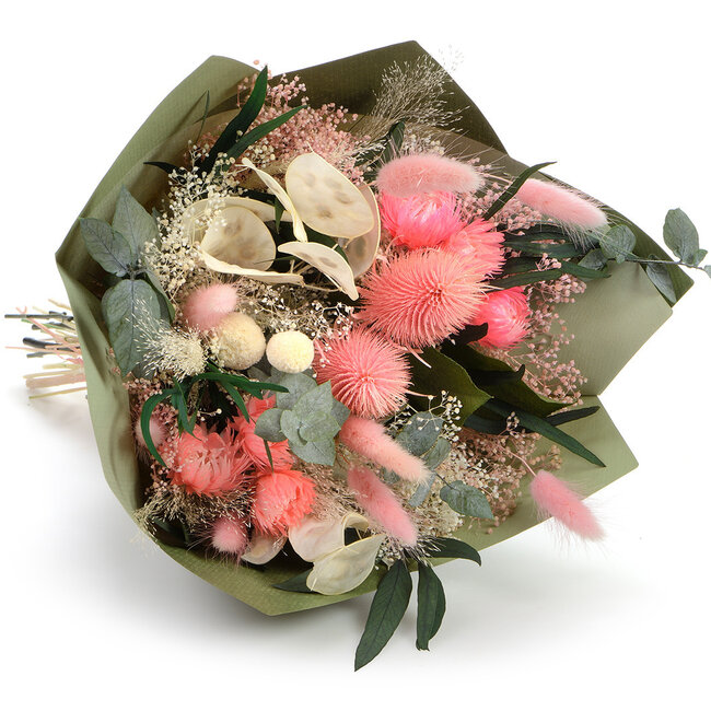 Bouquet de fleurs séchées Senza Jolie Rosa | Longueur ± 40 centimètres | Avec des fleurs séchées roses, blanchies en blanc et vertes