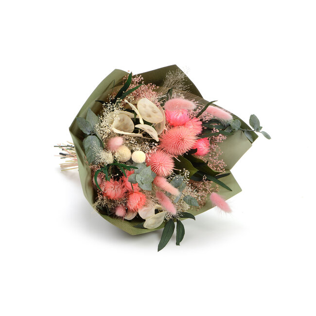 Boeket droogbloemen "Senza Jolie Rosa" | Lengte ± 40 centimeter | Met roze, wit gebleekte en groene droogbloemen