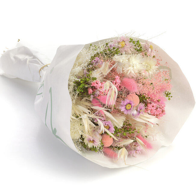 Boeket droogbloemen Farfalla Bianco Rosa | Lengte ± 40 centimeter | Met wit gebleekte en roze droogbloemen