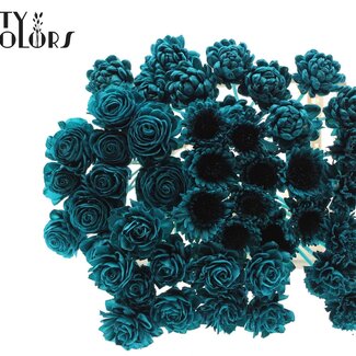 QC Shola Wooden Flower Mix on Stick | Colour: Turquoise | Shola Flower Mix Stick | Stick Length ± 50 centimetres | Per 50 sticks
