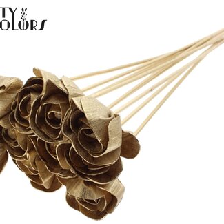 QC Shola Wooden Rose on stick | Colour: Antique Gold | Shola Dear Holly Stick | Rose diameter 6 centimetres | Stick length ± 50 centimetres | 10 sticks per bunch