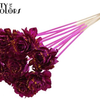 QC Shola Houten Dahlia op stok | Kleur: Gespetterd Lilakleurig Geel | Shola Dhaliya Bijsteker | Diameter bloem 6 centimeter | Lengte ± 50 centimeter | 10 bijstekers per bos