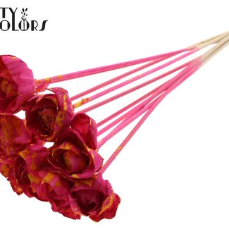 QC Shola Houten Rose sur tige | Couleur : Éclaboussé Cerise Jaune | Shola Cher Holly Pique-fleurs | Diamètre de la rose 6 centimètres | Longueur du pique-fleurs ± 50 centimètres | 10 pique-fleurs par bouquet