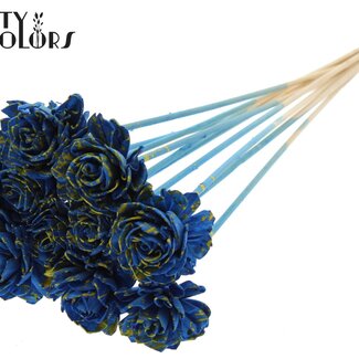 QC Shola Houten Dahlie auf Stiel | Farbe: Gesprenkelt Blau Gelb | Shola Dahlie Einstecker | Durchmesser Blume 6 Zentimeter | Länge ± 50 Zentimeter | 10 Einstecker pro Bund
