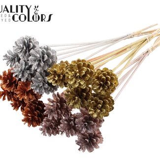 QC Pine cone on stick "Metallic Chic Mix" | Colour: Mixed Colours with Glitter | Pine cone diameter 5 - 7 centimetres | Length ± 50 centimetres | Per 50 picks