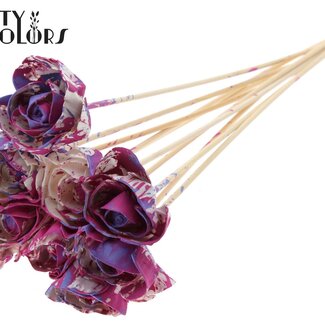 QC Shola Wooden Rose on Stick | Colour: Multicoloured Cherry-Coloured Milk Purple | Shola Dear Holly Stick | Rose Diameter 6 centimetres | Stick Length ± 50 centimetres | 10 sticks per bunch