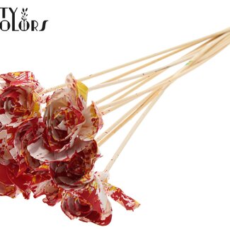 QC Shola Houten Rose auf Stiel | Farbe: Mehrfarbig Rot Gelb | Shola Dear Holly Stecker | Durchmesser der Rose 6 Zentimeter | Länge des Steckers ± 50 Zentimeter | 10 Stecker pro Bund