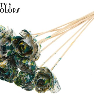 QC Shola Houten Roos op stok | Kleur: Meerkleurig Groen Geel | Shola Dear Holly Bijsteker | Diameter roos 6 centimeter | Lengte bijsteker ± 50 centimeter | 10 bijstekers per bos