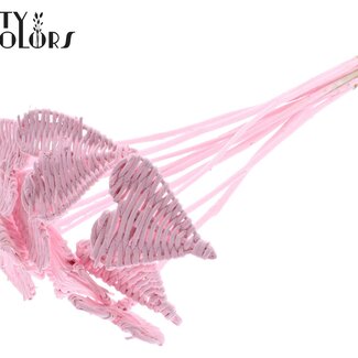 QC Cœur en rotin Lata sur bâton | Couleur : Rose clair | Pique-plat Lata Heart | Diamètre 8 centimètres | Longueur ± 50 centimètres | 10 piques par bouquet
