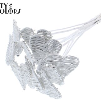 QC Cœur en rotin Lata sur tige | Couleur : Blanc | Pique plat Lata Heart | Diamètre 8 centimètres | Longueur ± 50 centimètres | 10 piques par bouquet