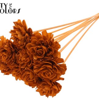 QC Shola Houten Dahlia sur tige | Couleur : Terre cuite | Shola Dhaliya Pique-fleur | Diamètre de la fleur 6 centimètres | Longueur ± 50 centimètres | 10 piques-fleurs par bouquet